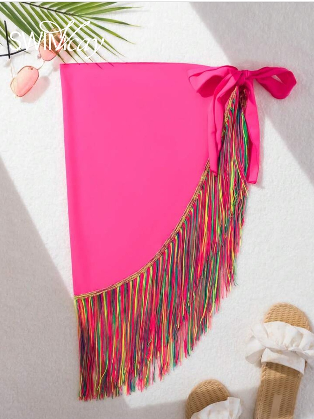 SHEIN SwimVcay Hot Pink Sarong with Multicolor Fringe